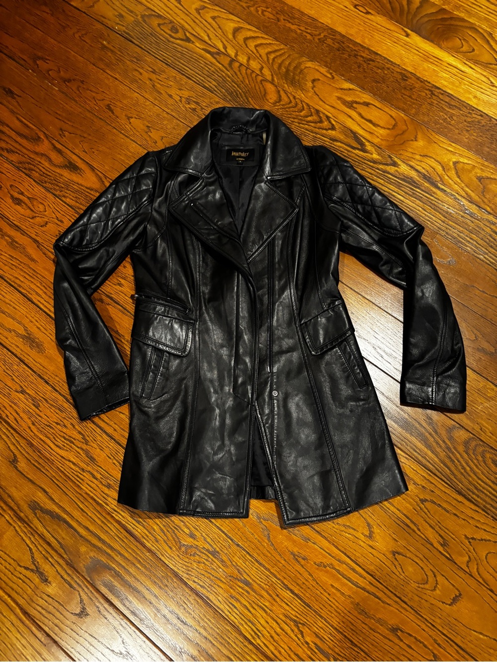 Laundry By Shelli Segal Black Quilted-Shoulder Leather Coat